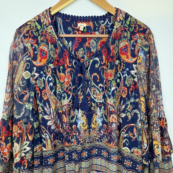 Reba Womens Long Bell Sleeve Peasant Tunic Blouse Sz L Boho Southwestern Lined - Picture 3 of 15
